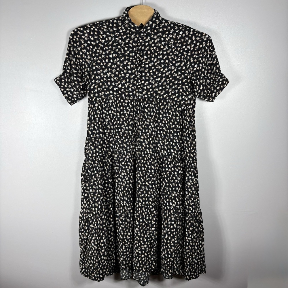 Natural Life Women's XL Black Cream Ditsy Floral Rebecca Boho Tiered Maxi Dress
